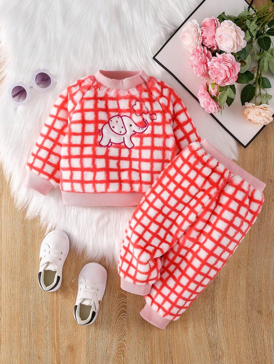 SHEIN Girls Baby Plaid Print Raglan Sleeve Sweatshirt & Sweatpants - Multicolor - View 1