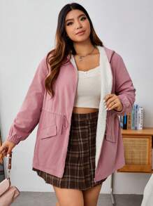 SHEIN EZwear Cộng với kích thước dây rút eo Thiết kế tai 3D có mũ trùm đầu có đệm lót bông - Hồng - Xem 4