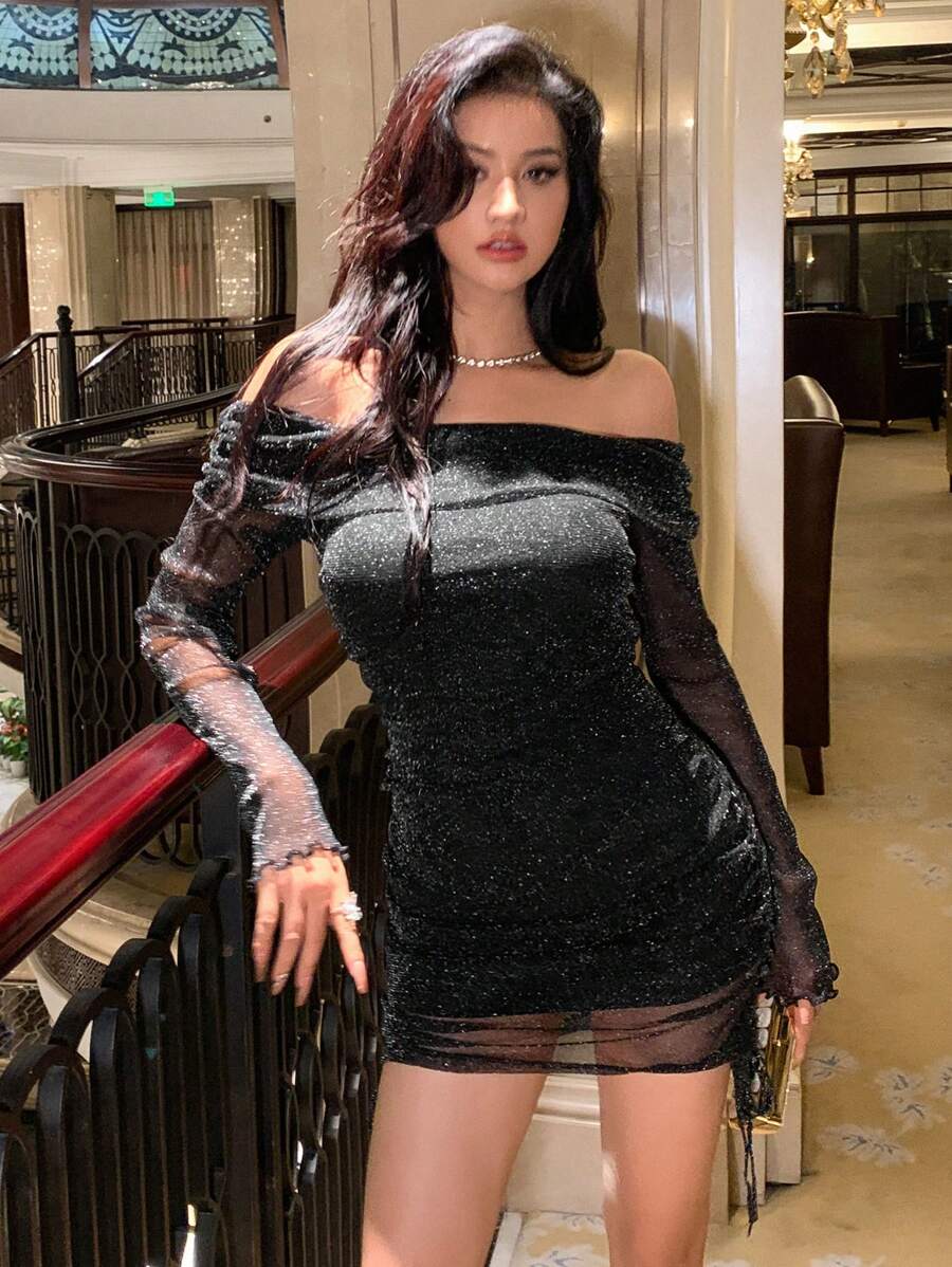 DAZY 露肩撞色网纱紧身连衣裙，生日、新年、舞会派对女士礼服，秋季返校节礼服，长袖连衣裙，优雅女士连衣裙，情人节嘉年华礼服 - 黑色 - 查看 1