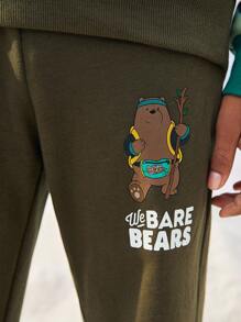 We Bare Bears X SHEIN 男大童卡通和字母圖案雙色衛衣和衛褲 - 軍綠色 - 查看 6