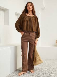 Bohemela 燈籠袖褶皺襯衫 - 棕色 - 查看 6