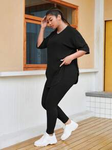 SHEIN EZwear Bộ thời trang Plus Size Gân đan màu trơn Giải trí - màu đen - Xem 3