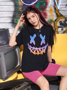 SHEIN 少女卡通圖案落肩 T 恤和機車短褲 - 玫紅色 - 查看 3