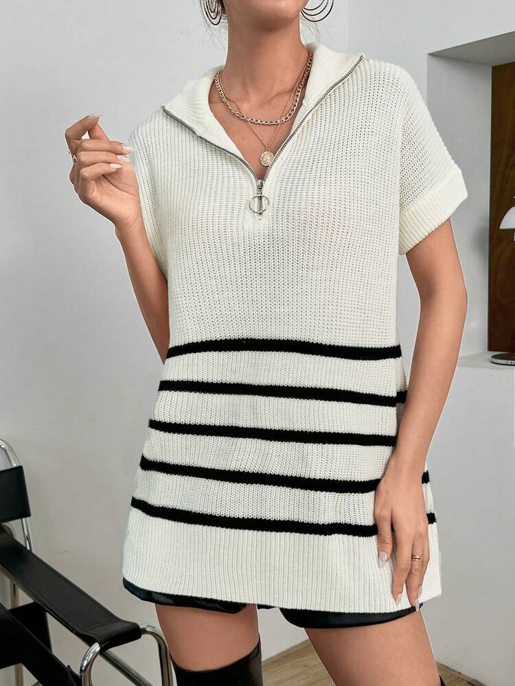 Striped Pattern Zipper Front Sweater Vest