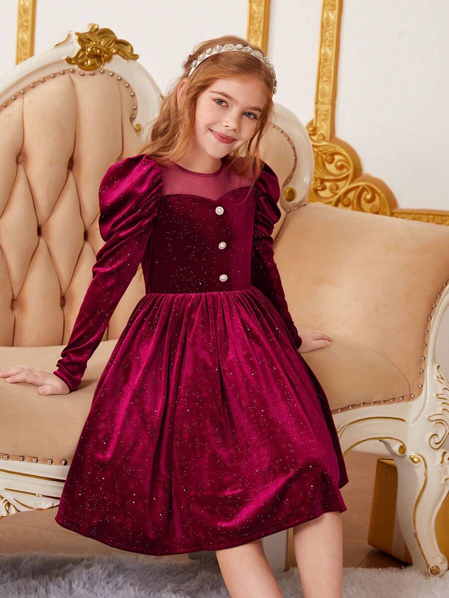 女大童網紗肩部羊腿袖金屬亮絲絲絨派對禮服適用於聖誕