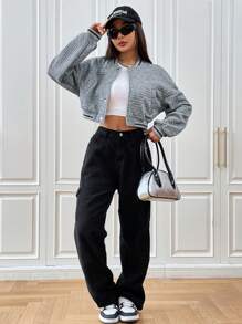 SHEIN EZwear Striped Trim Drop Shoulder Crop Bomber Jacket - Grey - View 6