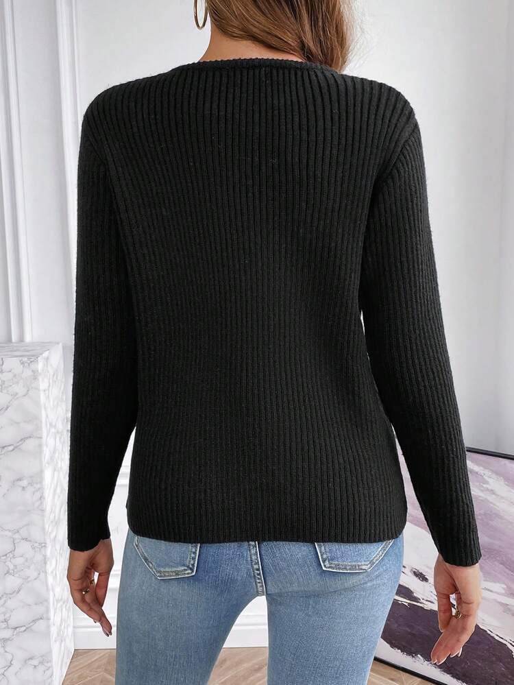 Solid Ribbed Knit Button Detail 2 In 1 Knit Pullover Fall Winter Sweater