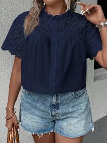 SHEIN Clasi Plus Contrast Guipure Lace Frill Neck Blouse - Navy Blue - View 1