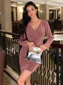 DAZY Surplice Neck Wrap Glitter Bodycon Dress Prom Dress Party Women,Fall Dress Homecoming Dresses Elegant Women Dresses - Pink - View 1