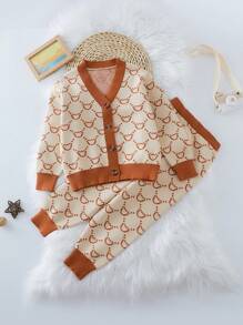 Young Boy Allover Pattern Contrast Trim Button Detail Cardigan & Knit Pants - Apricot - View 1