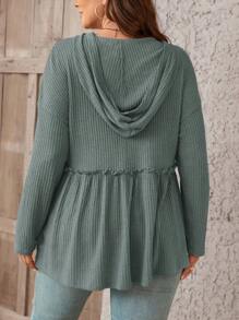 SHEIN LUNE 大碼落肩袖連帽荷葉邊下擺T恤 - 墨綠色 - 查看 1