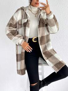 SHEIN Frenchy 大方格圖案落肩袖抽繩連帽絨毛外套 - 卡其色 - 查看 1