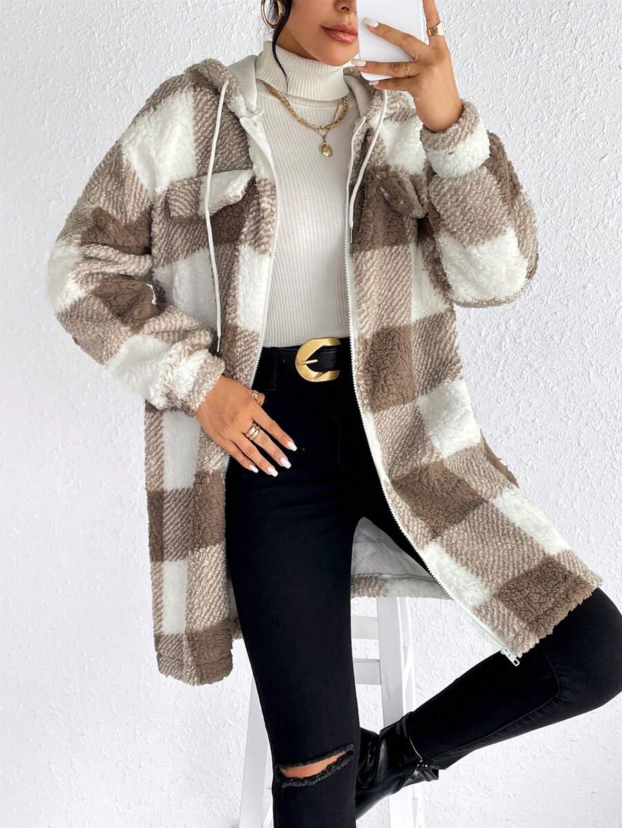 SHEIN Frenchy 大方格圖案落肩袖抽繩連帽絨毛外套 - 卡其色 - 查看 1
