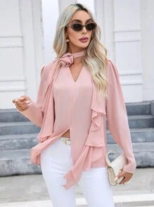 SHEIN Privé Chất rắn Viền Ruffle Viền chia cắt Áo sơ mi - Hồng - Xem 3