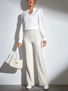 SHEIN Tall 素色缺口V領泡泡袖襯衫 - 白色 - 查看 3