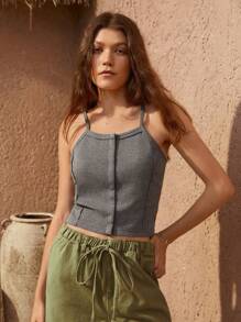 SHEIN Unity Solid Ribbed Knit Crop Cami Top - Grey - View 4
