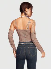 ROMWE Grunge Punk Solid Ripped Crop Cami Knit Top With Arm Sleeves - Khaki - View 3