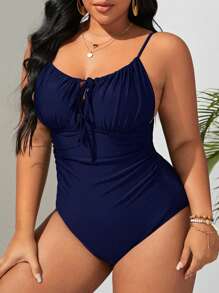 SHEIN Swim Curve Summer Beach Plus Ruched Bust Tie Front One Piece Swimsuit - Navy Blue - View 5