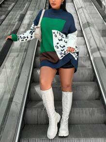 RueChic 豹纹拼色落肩毛衣，适合冬季 - 彩色 - 查看 4