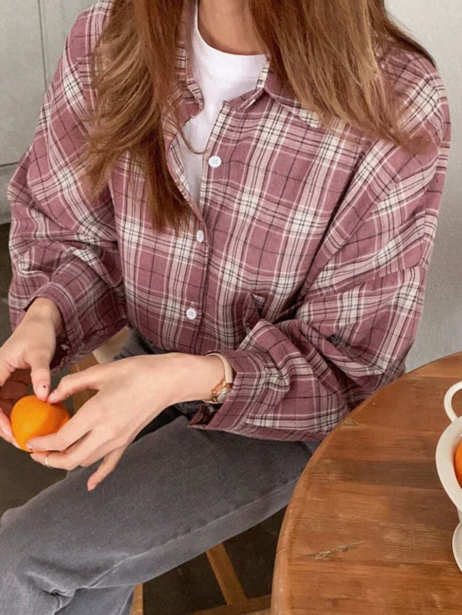 DAZY 格子印花落肩衬衫、长袖上衣、秋装、返校服、法兰绒女装 - 紅色 - 查看 1