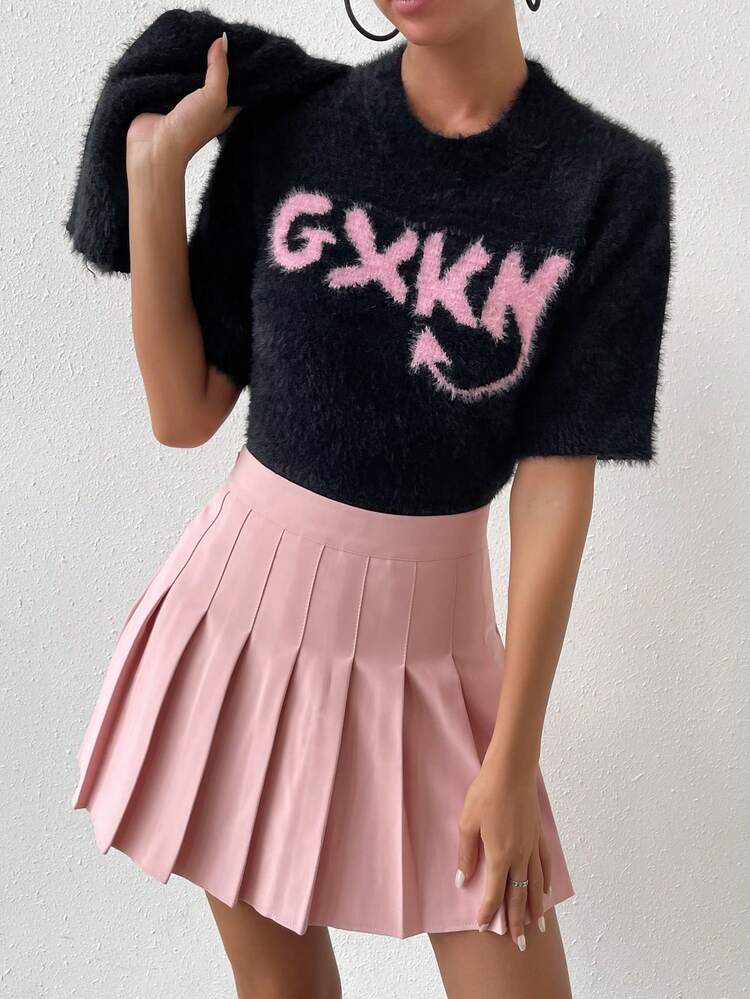 Letter Pattern Fuzzy Knit Top With Arm Sleeves Fall Cloth For Women