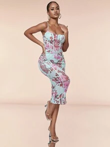 Vestido Ceñido De Tirantes Con Estampado Floral - Rosa - Ver 3