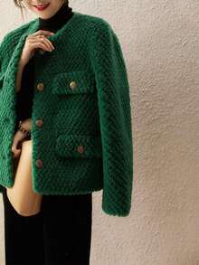 Solid Button Front Fuzzy Coat - Green - View 3