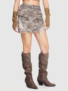 ROMWE Grunge Punk 迷彩印花破洞毛邊牛仔半身裙