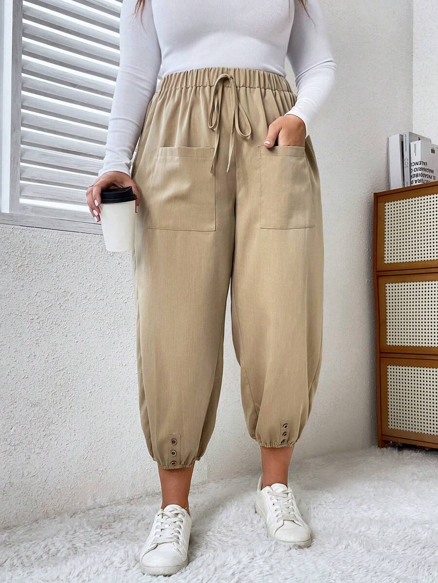 Calvaya Plus Dual Pocket Knot Front Pants - Apricot - View 1