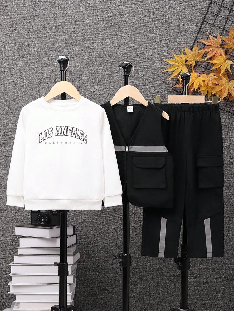 Young Boy Contrast Reflective Panel Flap Pocket Vest Jacket & Pants & Pullover