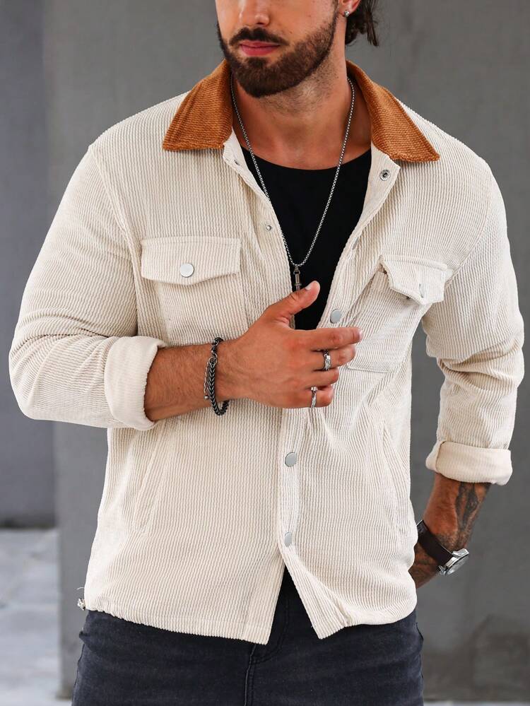 Loose Fit Men's Corduroy Jacket With Flap Pockets & Drawstring Hem, Without T-Shirt