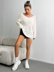 SHEIN Unity Fashionable Casual Hollow Out Loose Knit Sweater - White - View 3
