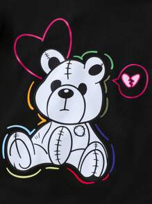 SHEIN Áo nỉ giữ nhiệt có lót, in hình gấu, túi kangaroo, dây rút, dành cho bé gái tuổi teen. - màu đen - Xem 5