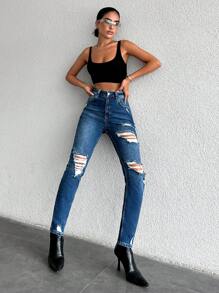 EURMUSE High Waist Ripped Raw Hem Skinny Jeans - Blue - View 4