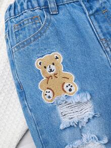 Young Boy Bear Embroidery Ripped Jeans - Medium Wash - View 3