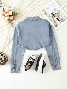 SHEIN Chica preadolescente Cazadora mezclilla crop con bolsillo con solapa bajo crudo