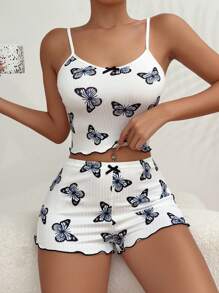 Butterfly Print Lettuce Trim Cami Top & Shorts PJ Set / Pajama Set White Set - White - View 4