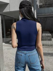 DAZY Cổ giả Đồ đan Ribbed Áo ba lỗ - Màu xanh hải quân - Xem 2