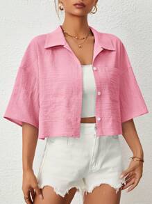 SHEIN EZwear 落肩口袋貼花襯衫 - 粉色 - 查看 4
