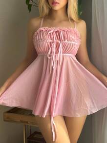 Pure Desire Frill Trim Tie Front Mesh Babydoll Sexy Lingerie Dress With Thong - Pink - View 4