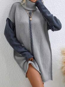 Chiquease 拼色高領落肩毛衣洋裝 - 灰色 - 查看 4