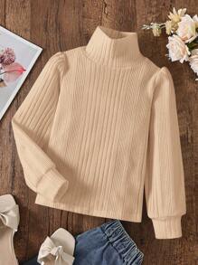 SHEIN Cô gái Tween Cổ cao Tay áo lồng đèn Đồ đan Ribbed Áo thun - Màu be - Xem 1