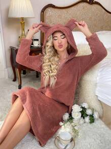 1/4拉鍊連帽法蘭絨睡裙 - 珊瑚粉 - 查看 6