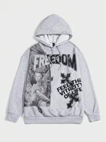 ROMWE MEN Street Life Nam Đồ họa Chữ cái Dây rút Hoodie - Xám - Xem 1