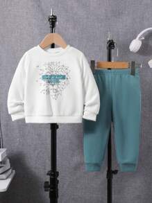 SHEIN 男嬰標語圖案衛衣和衛褲 - 藍白色 - 查看 1