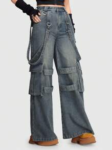 ROMWE Grunge Punk 带盖口袋阔腿牛仔裤（无腰带）学校款 - 霧霾藍 - 查看 5