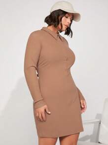 SHEIN BASICS Plus Button Front Bodycon Dress - Brown - View 3