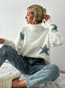 EURMUSE Women's Oversized Star Pattern Turtleneck Sweater With Long Sleeves - Beige - View 3
