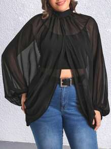 Calvaya Plus Lantern Sleeve Open Front Chiffon Top - Black - View 3