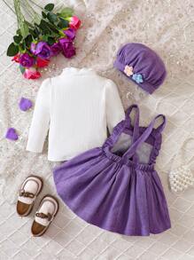 女嬰小高領T恤和貼花褶邊背帶洋裝和帽 - 紫色 - 查看 2